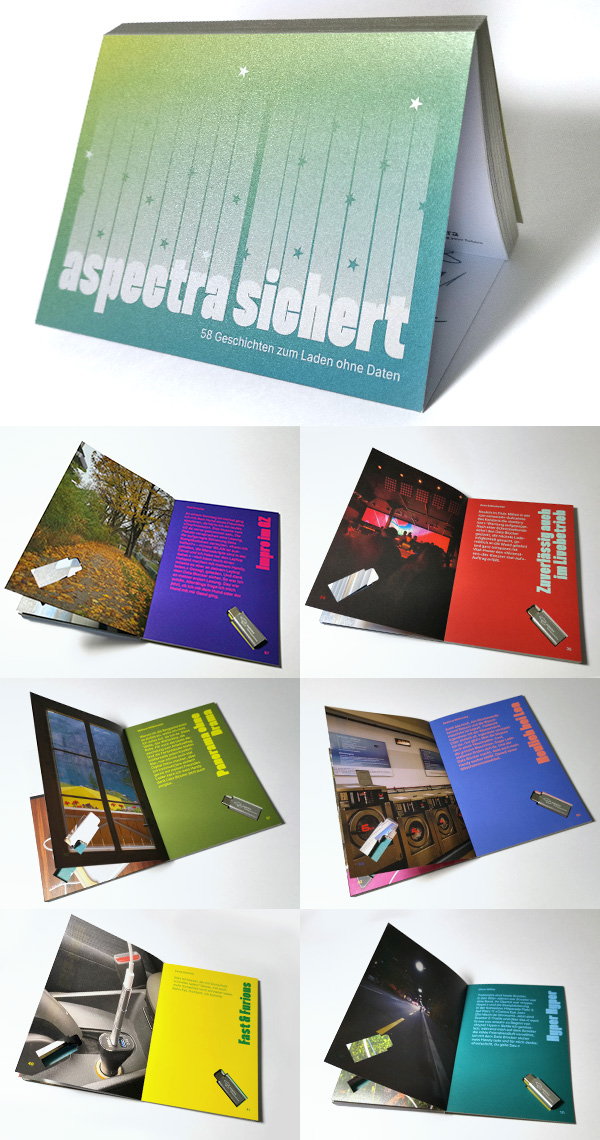 Büchleich "aspectra sichert" Buchumschlag mit Klappe, Beispiele Inhaltdoppelseiten mit gestanztem Loch für Integration des Datablockers