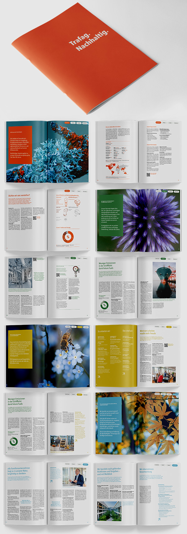 Broschüre "Trafag. Nachhaltig" Broschürentitelseite mit einigen Inhaltsdoppelseiten